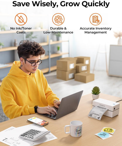 MUNBYN Bluetooth Thermodrucker für Versandetiketten, 130B Kabelloser 4x6 Etikettendrucker für kleine Unternehmen und Büros, kompatibel mit iPhone, Android, iPad, Windows, macOS, Canada Post, UPS, Purolator (Weiß)