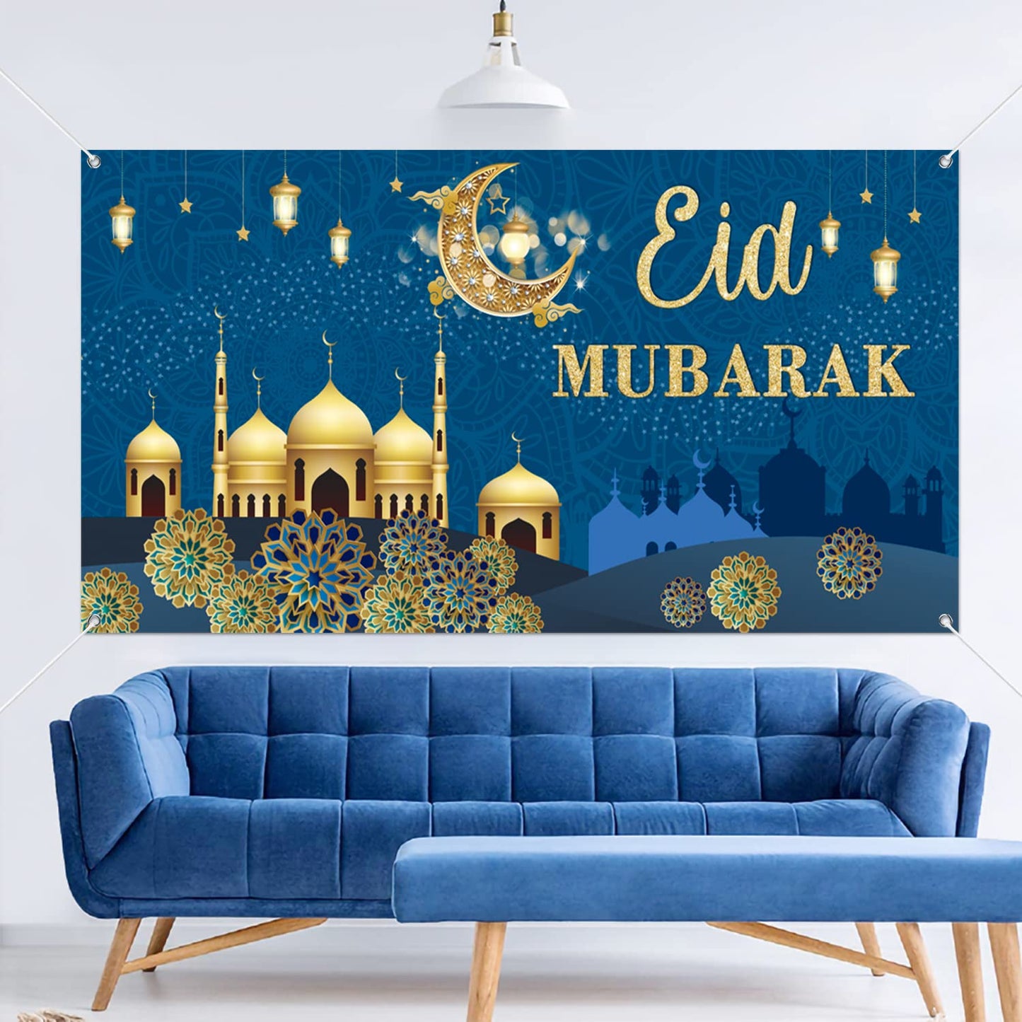 PARSUP Eid blauer Banner, geometrisches Muster, 78 x 43 Zoll, Wandmontage, muslimische Ramadan-Party-Zubehör
