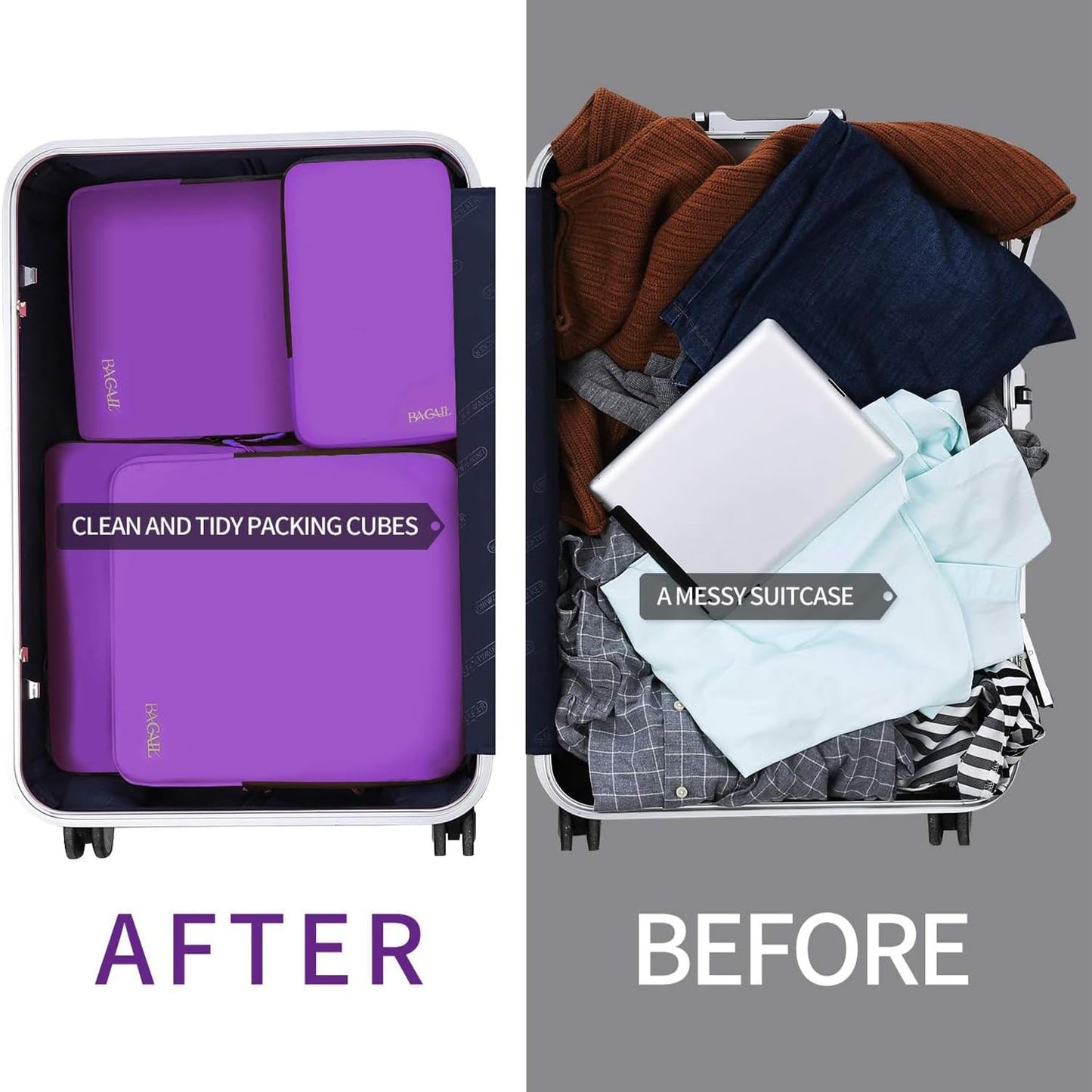 BAGAIL 4er-Set Kompressions-Packwürfel Reise-erweiterbare Packorganizer (Schwarz, 4er-Set)
