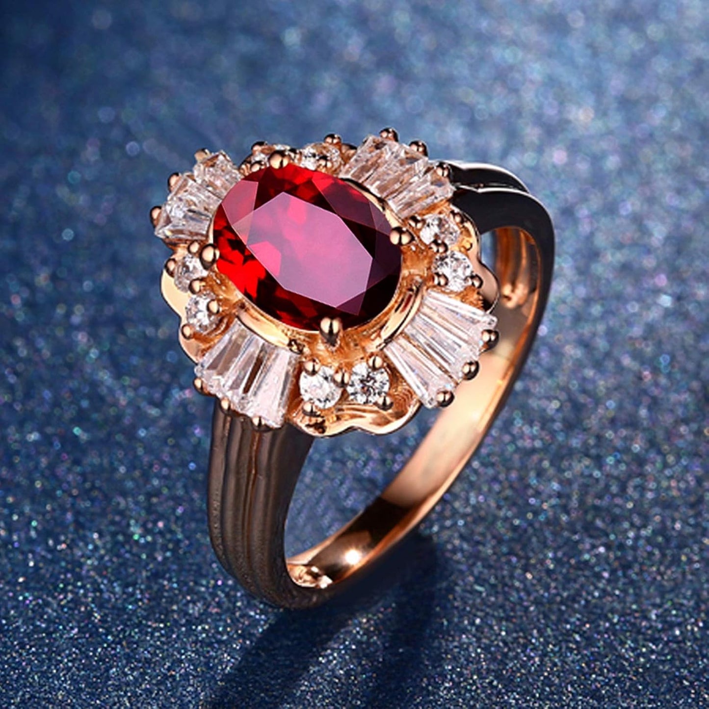 Aienid 18Ct Rose Gold Womens Ring Custom Oval Ruby Flower Shape with Diamond Wedding Rings for Women