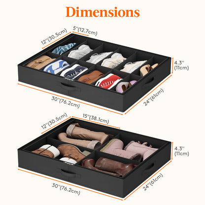 Lifewit Under Bed Shoe Storage Organizer 2 Pack(12 Shoes Cells), 4.3 Inches Profile Fabric Shoes Container Box with Clear Cover, Foldable Storage Bag with 2 Handles, Fits 12 to 24 Pairs