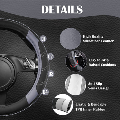 CAR PASS Line Rider Mikrofaser-Leder Sportlicher Lenkradbezug Universal Passend für 95% LKW, SUV, PKW, 36,8-38,1 cm Rutschfest Sicher Bequem Design (Schwarz-Grau)