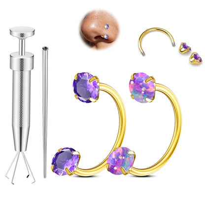 Opal Nose Ring Studs Horseshoe Nose Rings Hoops Stud 316L Stainless Steel Nose Rings Round CZ Square Screw L Shaped Nose Stud Hypoallergenic Nostril Piercing Jewelry for Women Men