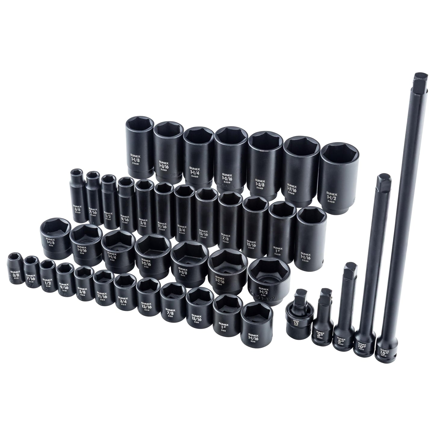 SUNEX Tools 80 Piece 3/8 in. Drive Master Impact Socket Set, Universal, Star, External Star, Extensions, Universal Joint, SAE and Metric, 8mm to 19mm and 5/16 in. to 3/4 in., CR-MO Steel, Model 3580