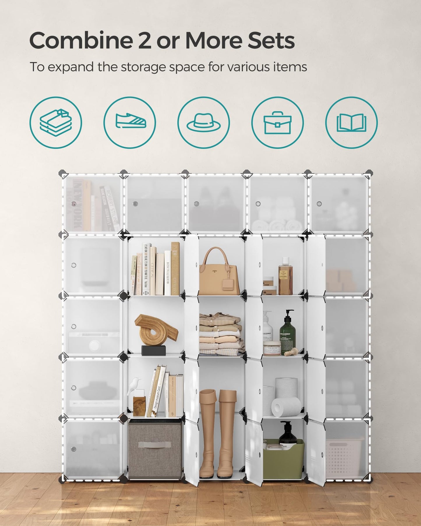 SONGMICS Cube Storage Organizer, Set of 16 Plastic Cubes, Closet Organizers and Storage, Room Organization, Bedroom Living Room, 12.2 x 48.4 x 48.4 Inches, Rustic Brown ULPC442A01