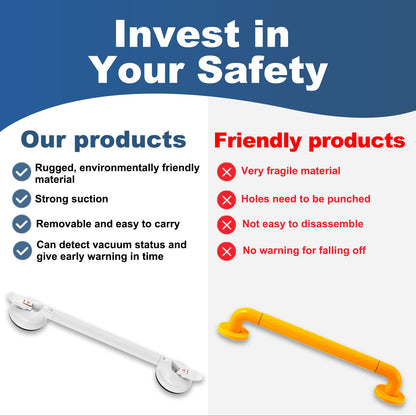 15-Inch Shower Handle - Upgraded Grab Bar with Strong Suction Cups for Bathtub & Shower Safety, Ideal for Seniors, Elderly, Disabled -Silver