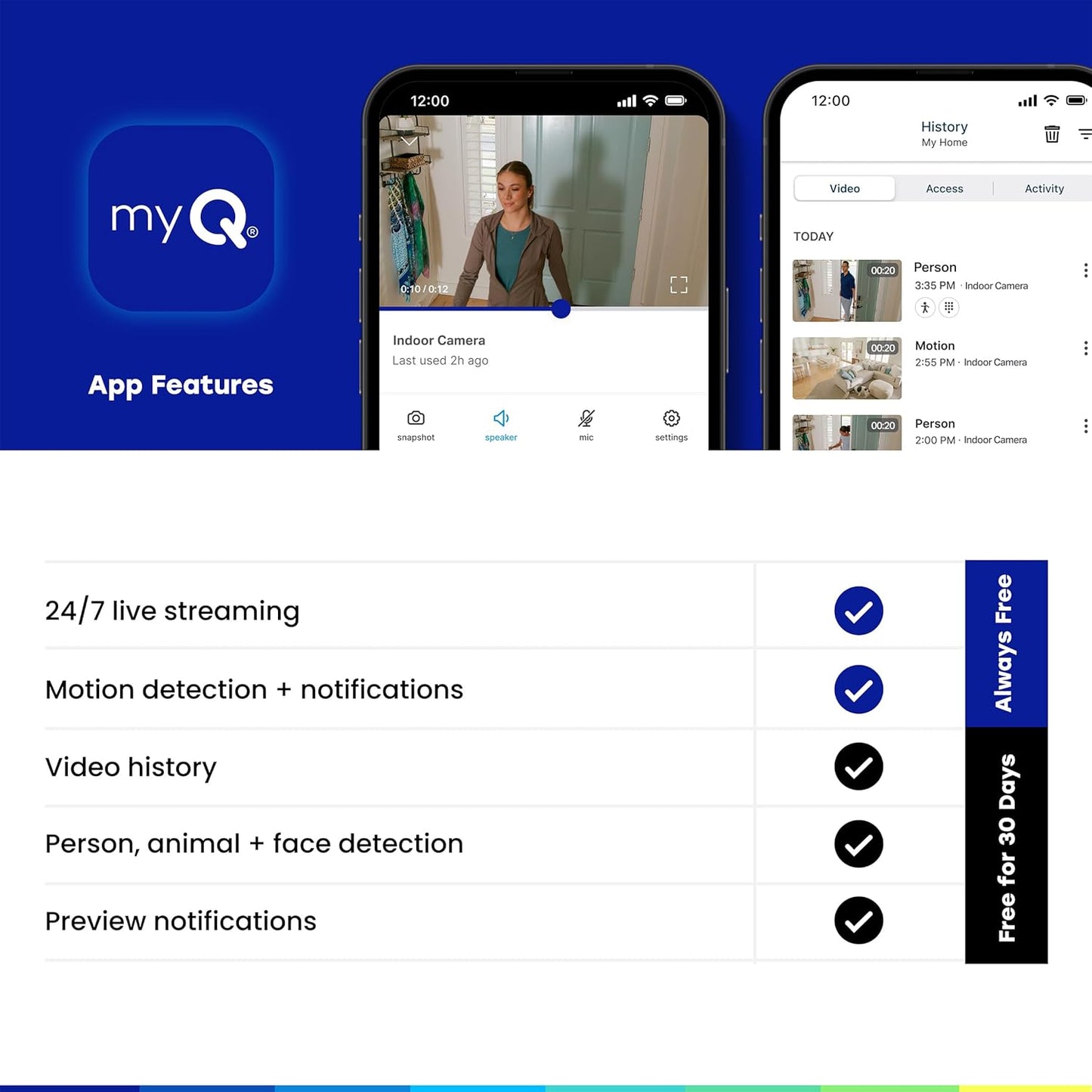 myQ Indoor Plug-in Security Camera Gen 2 – 2K Smart Wi-Fi Camera with Night Vision, Baby and Pet Monitor, Motion Detection and Alerts, 2-Way Audio & App Control