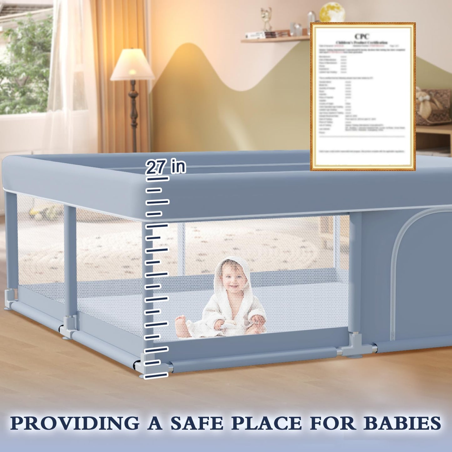 XVISHX 50 x 50 Inch Baby Playpen, Playpen for Babies and Toddlers, Baby Play Pen Playard for Indoor & Outdoor Active Center Game Fence, with Skin-Friendly Fabric and Soft Breathable Mesh, Grey
