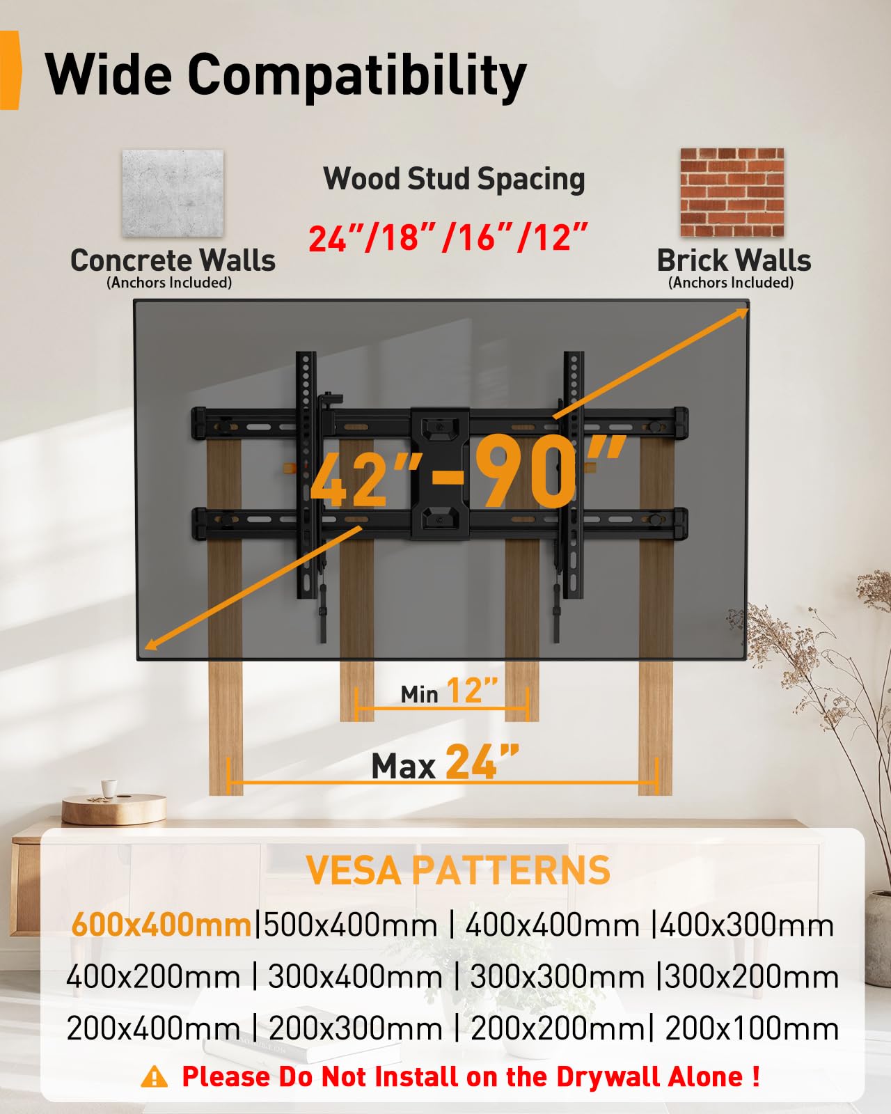Perlegear Heavy Duty Fixed TV Wall Mount for 42"-115" TVs up to 225 lbs, Low Profile TV Mount Fits 16", 24", 32" Studs, One-Piece Bracket with Magnetic Pull Tabs, Max VESA 800x600mm