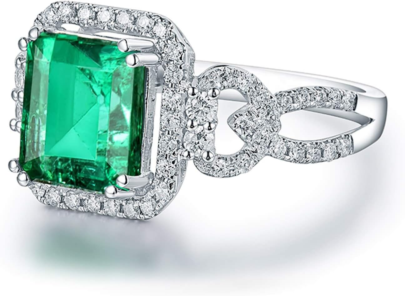 KnSam 18K White Gold Rings, Square Cut Green Emerald 2.26ct VS and 0.47ct Diamond Silver