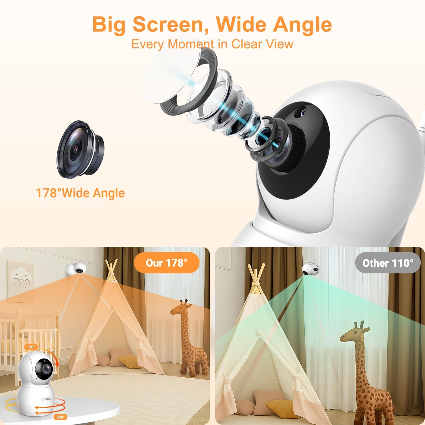 VTimes Baby Monitor with Camera and Audio, 6'' IPS Screen with 30-Hour Battery, Baby Monitor No WiFi Night Vision, ECO, 2-Way Audio, Pan-Tilt-Zoom, Baby Camera Monitor with 1000ft Range, Ideal Gift
