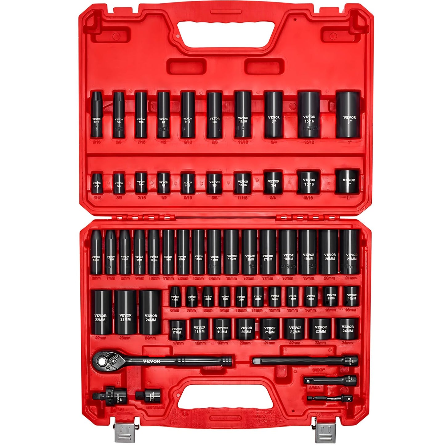 VEVOR 91-Piece 1/2" Drive Impact Socket Set, SAE (5/16" to 1-1/4") & Metric (8 to 32 mm), CR-V, Deep & Shallow, 6 Point, Ratchet Handle, Universal Joint, Adapters, Extension Bars (3, 5, 10 in)
