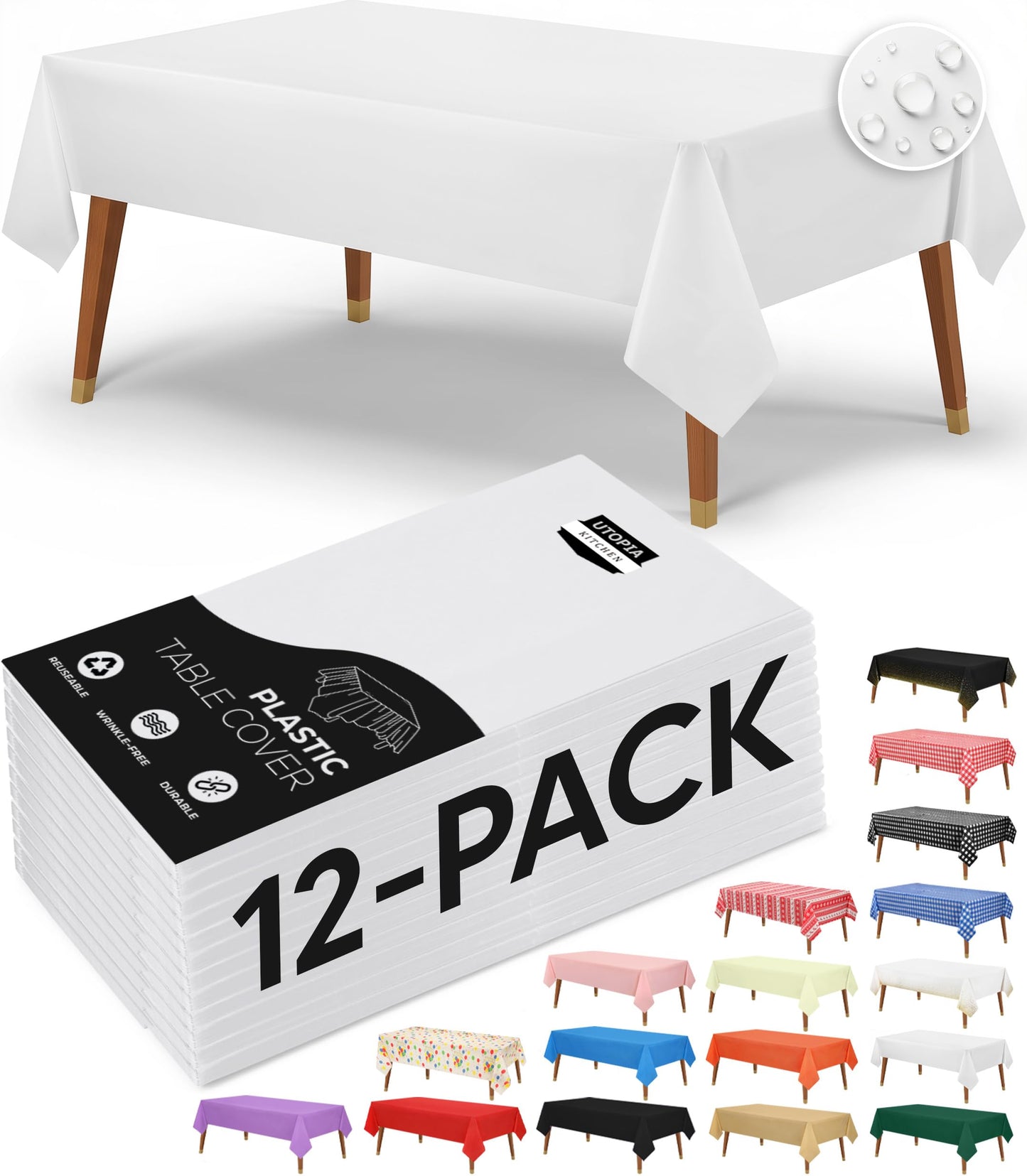 Utopia Kitchen Plastic Table Cloth Disposable (12 Pack - 54x108 Inch) White Rectangle Tablecloth Waterproof Stain Resistant Party Table Cover