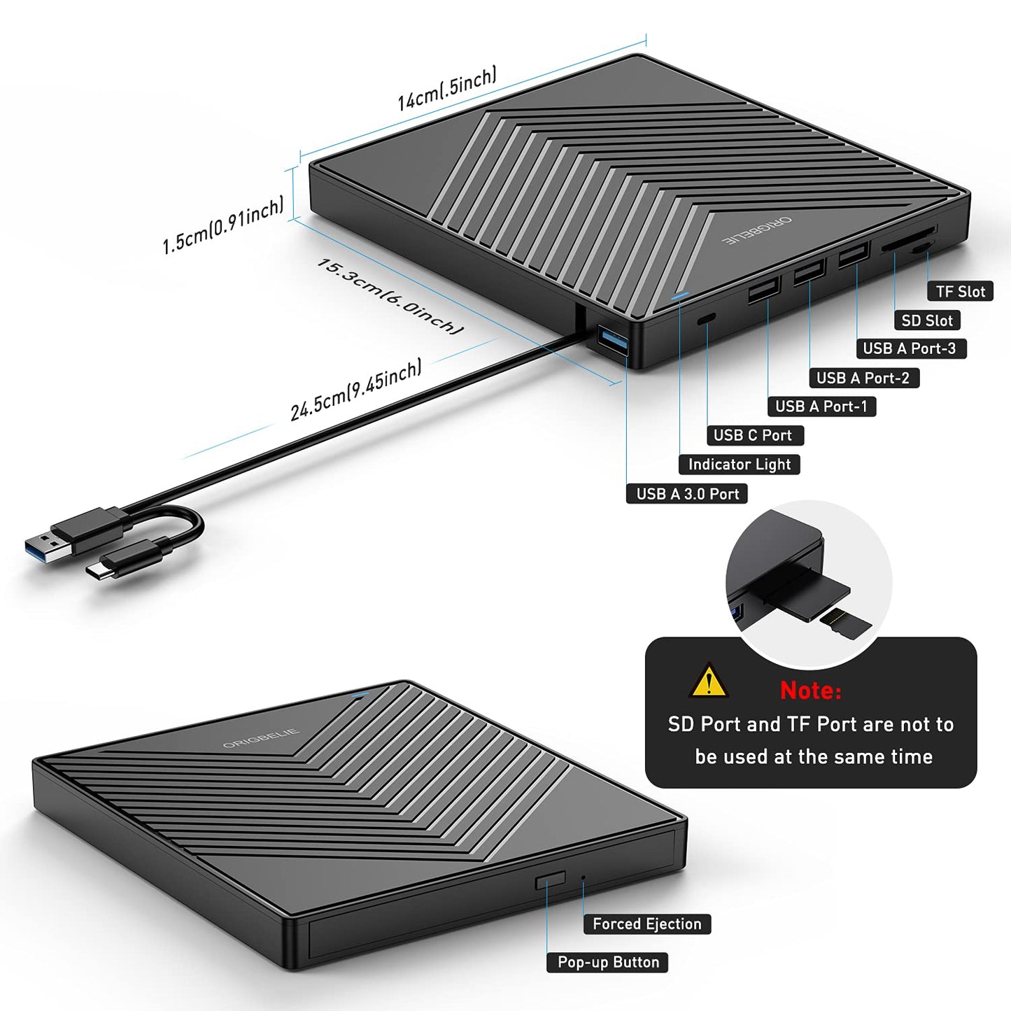 ORIGBELIE externes DVD-Laufwerk, CD-Laufwerk USB 3.0 Typ-C CD/DVD ROM +/-RW Adapter mit USB-Anschluss DVD-Brenner für Laptop, PC, Desktop-Computer, optisches Laufwerk CD-Player kompatibel mit Mac Windows Linux