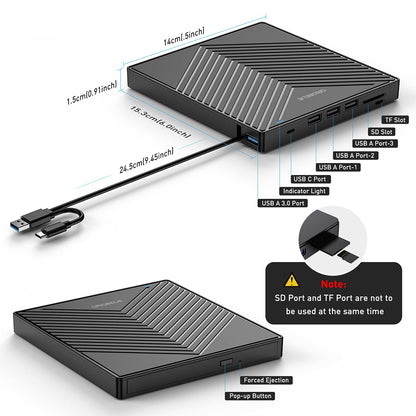 ORIGBELIE externes DVD-Laufwerk, CD-Laufwerk USB 3.0 Typ-C CD/DVD ROM +/-RW Adapter mit USB-Anschluss DVD-Brenner für Laptop, PC, Desktop-Computer, optisches Laufwerk CD-Player kompatibel mit Mac Windows Linux
