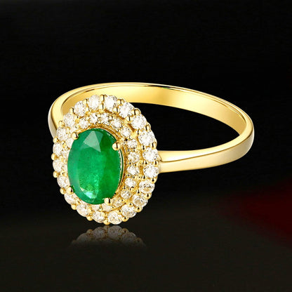 Aienid 18Ct Yellow Gold Diamond Engagement Rings Women 0.74Ct Cut Emerald Two Row Diamond Engagement Ring for Her