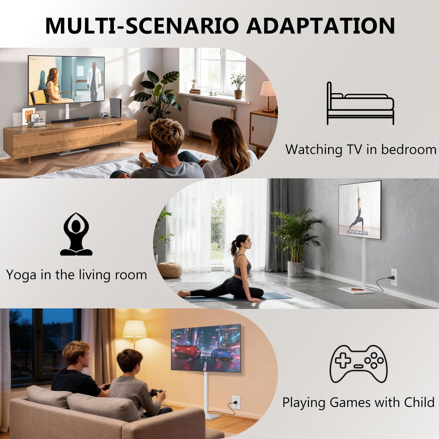 WALI Rolling TV Stand with Power Outlet & AV Shelf, Mobile Tall TV Stand Mount on Wheels for 34-75 inch TV up to 110 lbs, Swivel Height Adjustable TV Cart with Wood Base for Bedroom(TVDVD-6PRW), White