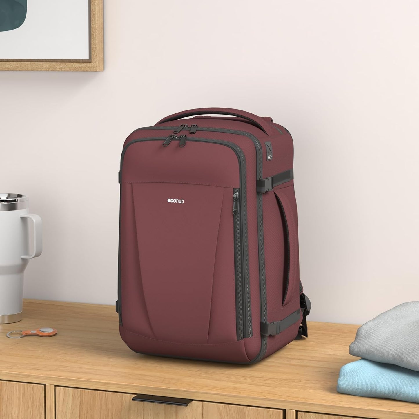 ECOHUB 16'' Reise-Rucksack Handgepäck Unterseat-Rucksack Persönlicher Gegenstand Flugzeug-Reisetasche mit 13 Taschen Handgepäck Flaschenhalter USB-Ladeanschluss Casual Daypack für Frauen Männer Schwarz
