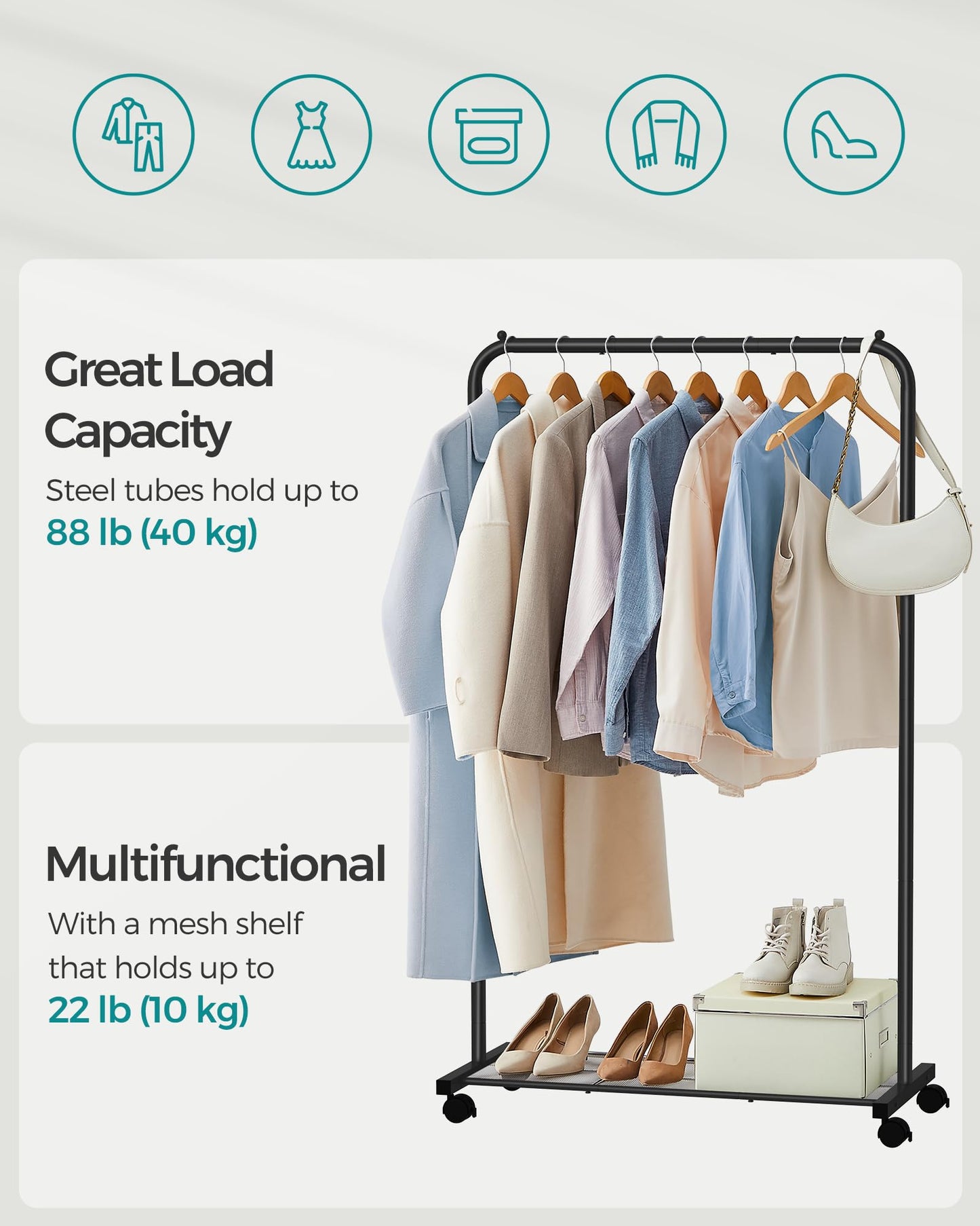 SONGMICS Clothes Rack with Wheels, Clothing Rack for Hanging Clothes, 25.4 mm Metal Garment Rack with Dense Mesh Storage Shelf, 110 lb Load Capacity, 2 Brakes, Black UHSR25BK