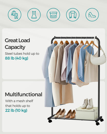 SONGMICS Clothes Rack with Wheels, Clothing Rack for Hanging Clothes, 25.4 mm Metal Garment Rack with Dense Mesh Storage Shelf, 110 lb Load Capacity, 2 Brakes, Black UHSR25BK