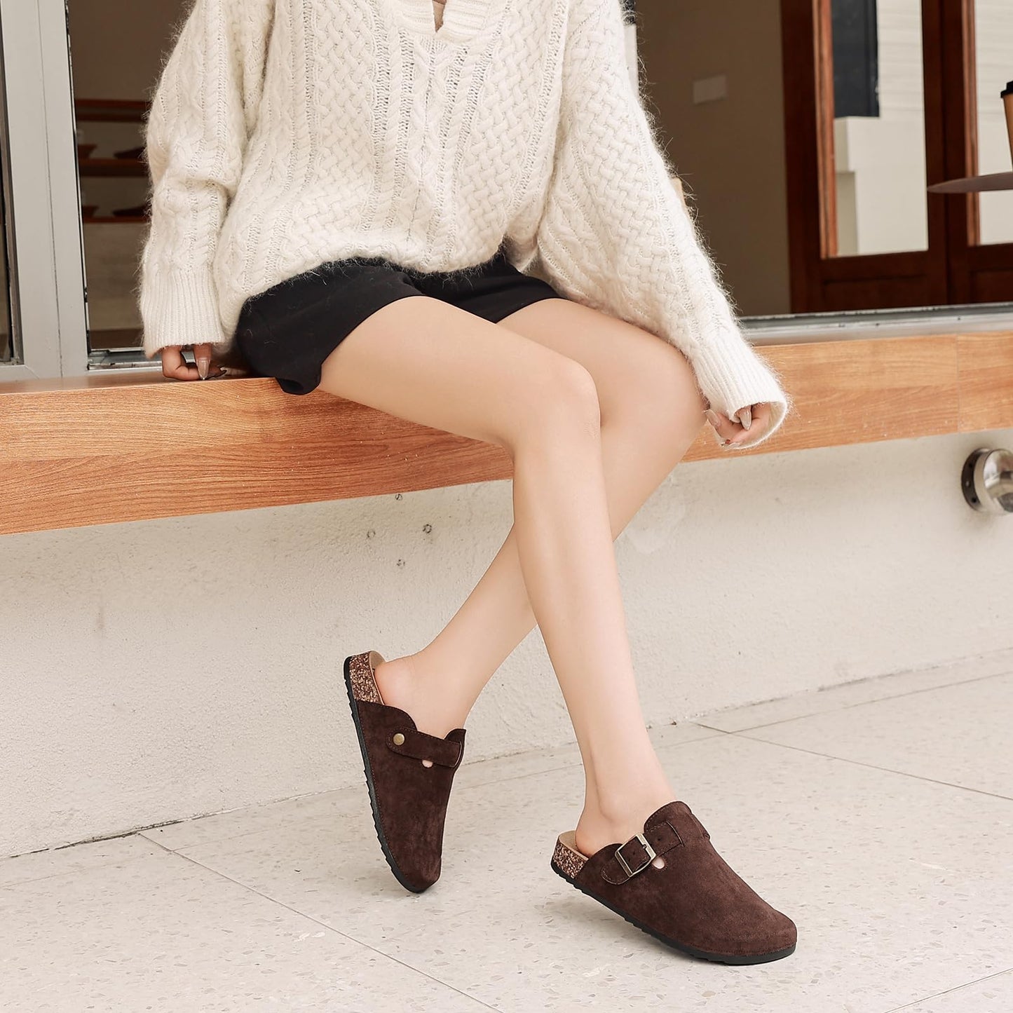 YorFotMae Women's Suede Clogs Mens Leather Mules Comfort Cork Footbed Antislip House Sandals Arch Support Potato Shoes with Adjustable Buckle