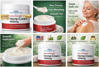 Medical Miracles Hemp Cream 1000mg – 4oz Topical Skin Cream – Fast-Absorbing, Non-Greasy Moisturizer – Premium Hemp Extract Formula for Daily Use