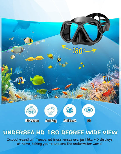 Greatever Dry Snorkel Set,Panoramic Wide View Anti-Fog Scuba Diving Mask,Professional Snorkeling Gear for Adults Kids