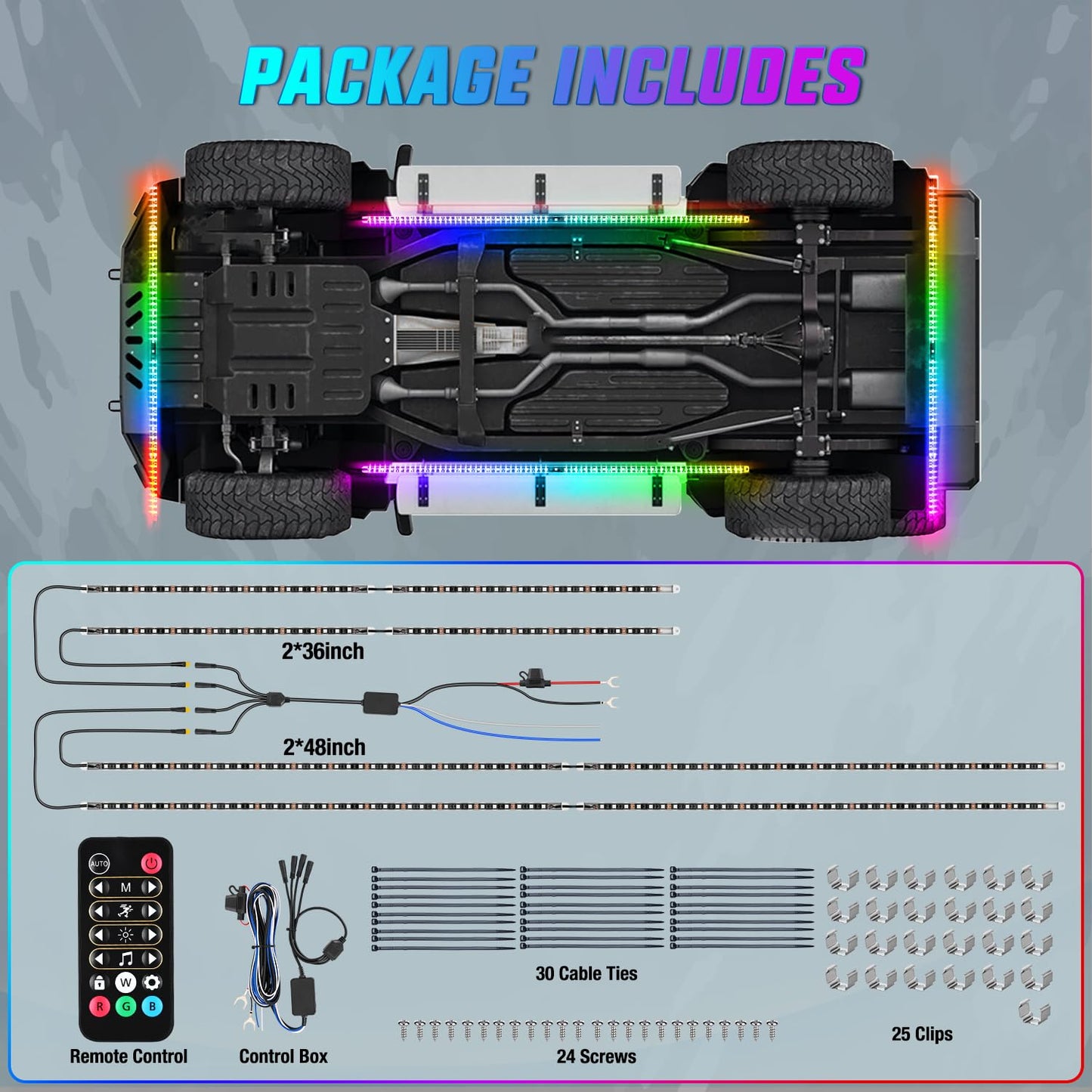 Nilight 4Pcs Car Underglow Neon Accent Strip Lights 252 LEDs RGB 8 Color Sound Active Function Music Mode with Wireless Remote Control Underbody Light Strips for Cars Van SUV Truck