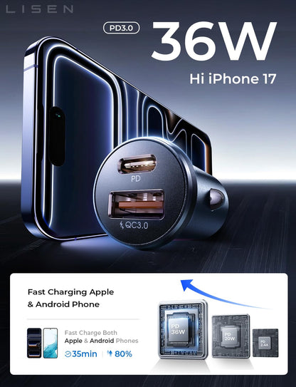 LISEN Mini USB C Auto-Ladegerät, [Aluminiumlegierung] Zigarettenanzünder-Adapter, 54W Auto-Ladegerät USB C Schnellladegerät, Auto Handy-Ladegerät, 12V USB-Steckdose, Auto-Zubehör für iPhone 17 16 Pro Max Air 15 Galaxy