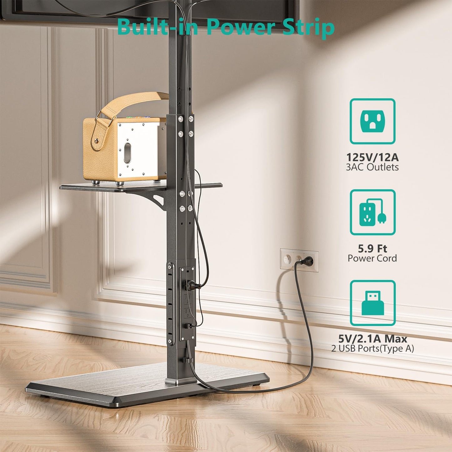 WALI Rolling TV Stand with Power Outlet & AV Shelf, Mobile Tall TV Stand Mount on Wheels for 34-75 inch TV up to 110 lbs, Swivel Height Adjustable TV Cart with Wood Base for Bedroom(TVDVD-6PRW), White