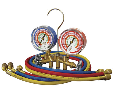 Mastercool 59161 2-Way Heavy Duty Brass Manifold Gauge Set with 3 1/8" Silicone Dampened Gauges and 1/4" SAE Fittings for R410a, R22, R404A - U.S. Assembled & Tested with 60" Hoses