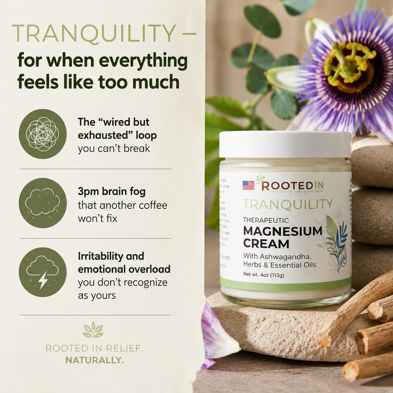 Rooted In Relief Magnesium Cream – 500mg Magnesium Chloride per Teaspoon – Enriched with Arnica, Comfrey & Botanical Blend – Targeted Muscle Support & Topical Relaxation – 4 oz Glass Jar