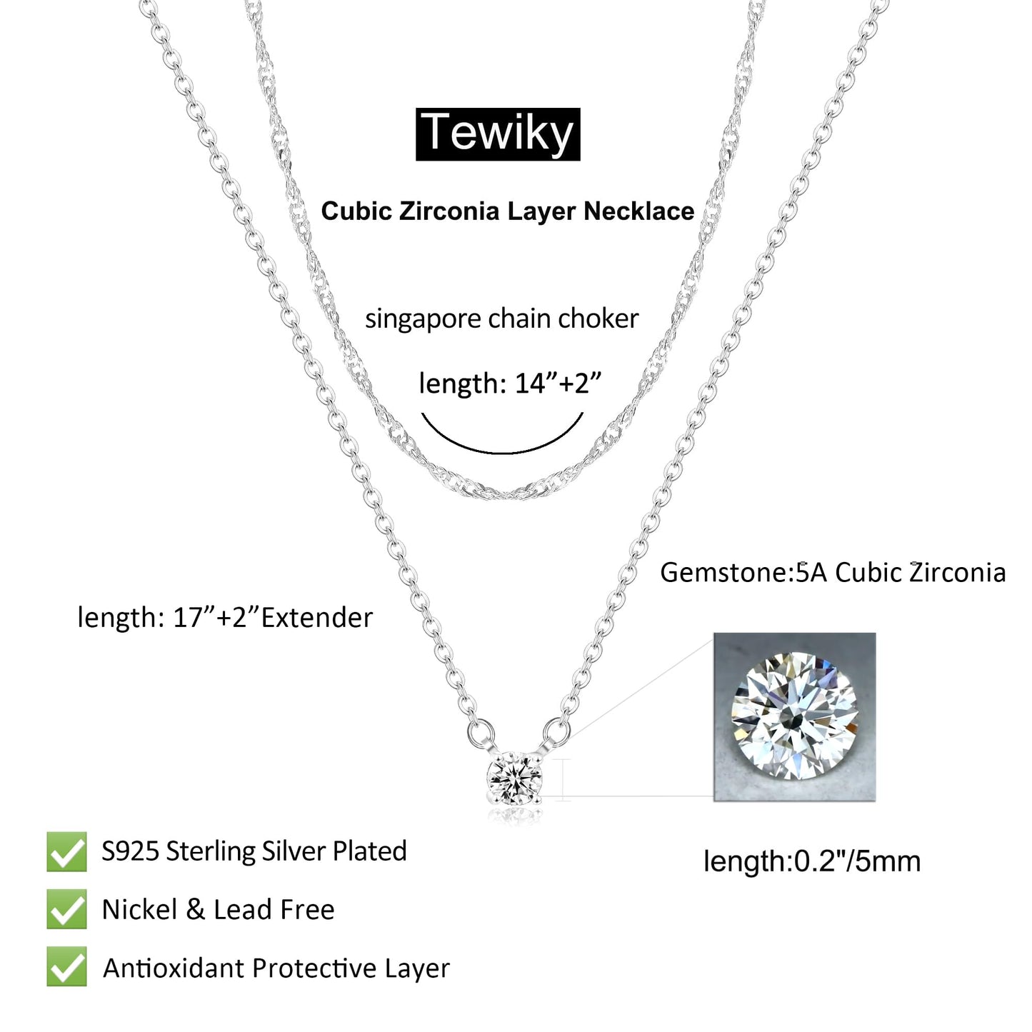 Tewiky Dainty 14k Gold Plated/Silver Cubic Zirconia Necklaces for Women, Simple CZ Jewelry Necklaces Trendy Gifts