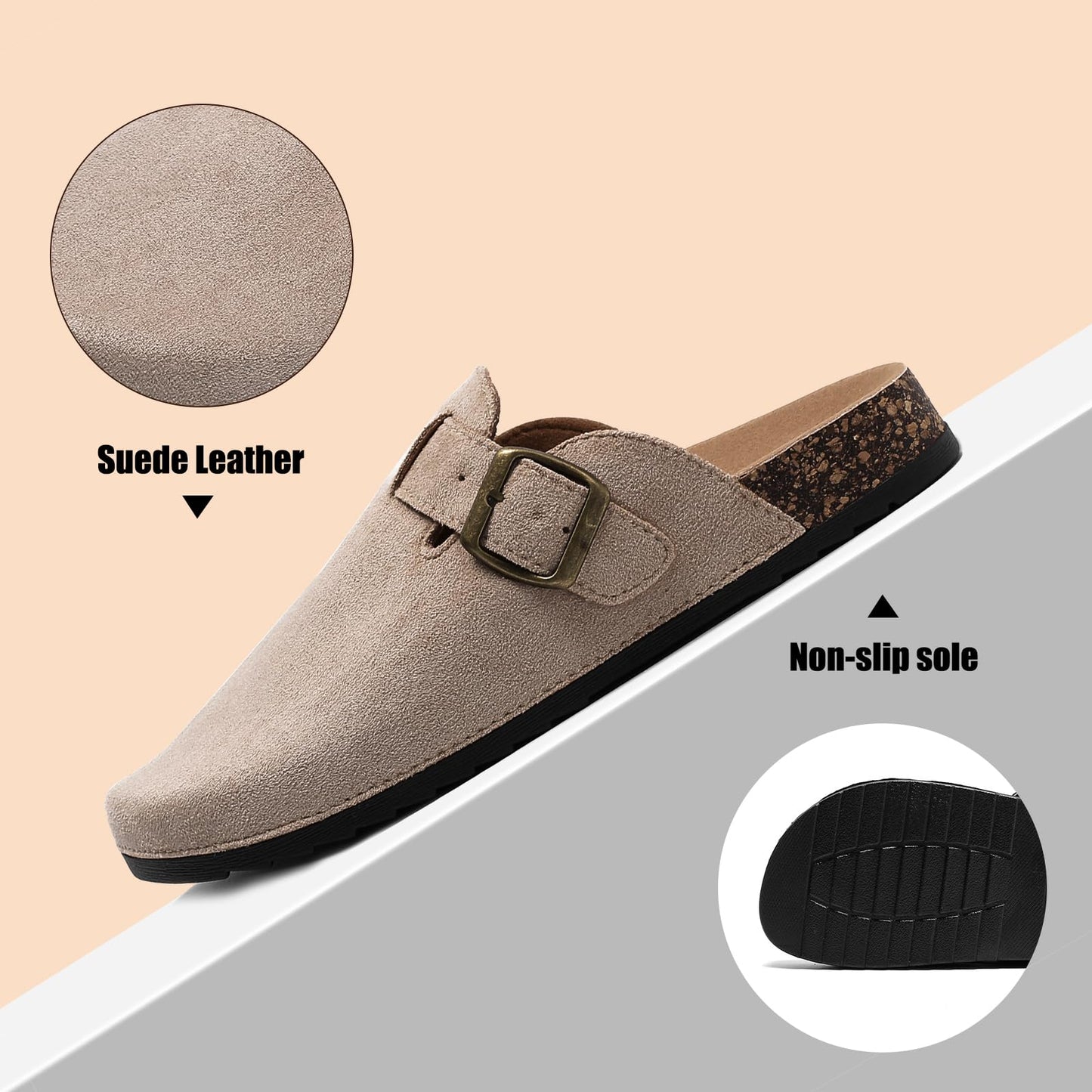 YorFotMae Women's Suede Clogs Mens Leather Mules Comfort Cork Footbed Antislip House Sandals Arch Support Potato Shoes with Adjustable Buckle