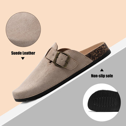 YorFotMae Women's Suede Clogs Mens Leather Mules Comfort Cork Footbed Antislip House Sandals Arch Support Potato Shoes with Adjustable Buckle