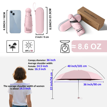 BAODINI Reiseutensilien Mini-Regenschirm für die Handtasche mit Etui Klein Kompakt UV-Sonnenschutz Leicht Winzig Tasche Manuelles Öffnen und Schließen Regenschirm für Damen, Kinder und Herren Passt in Handtasche Rucksack