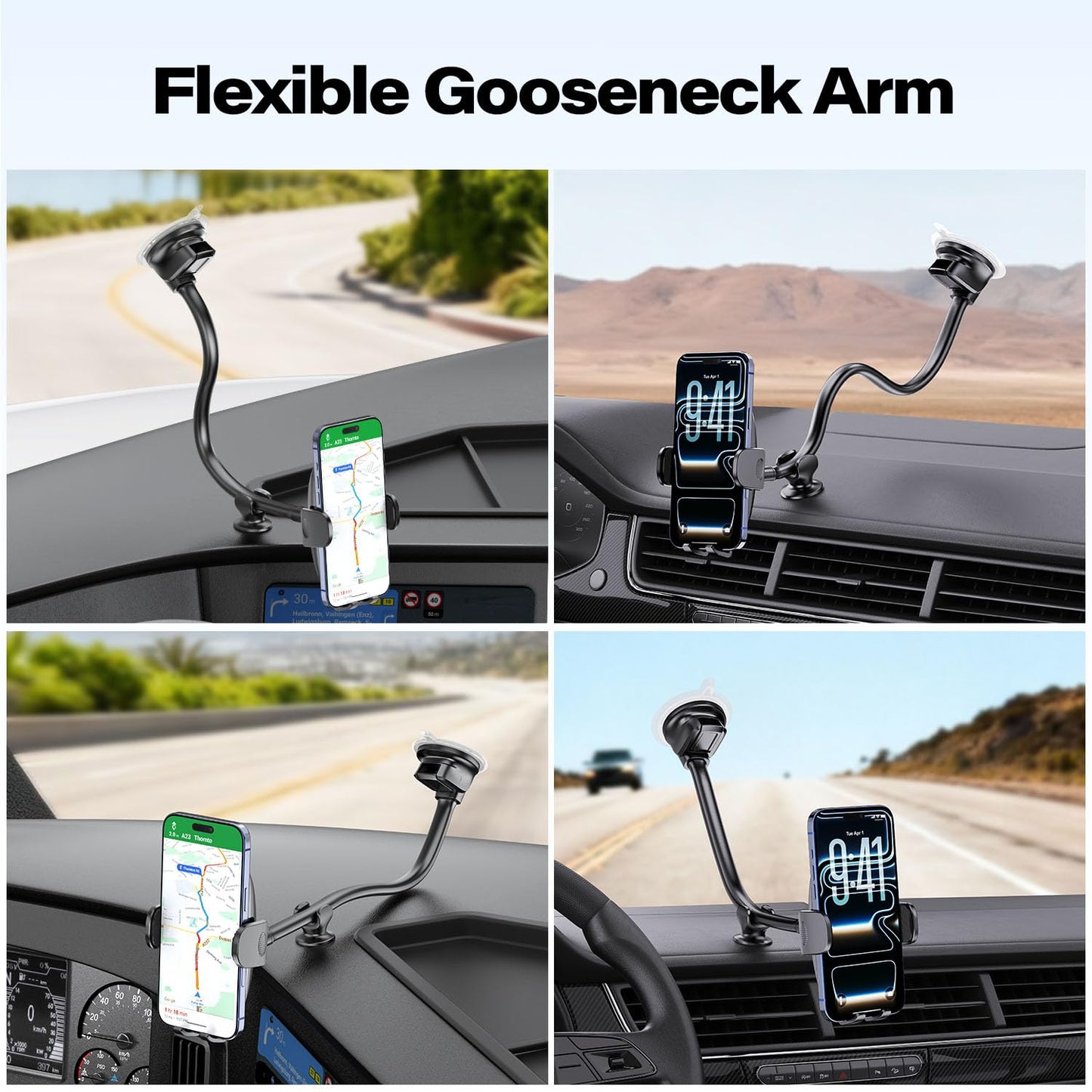 APPS2Car 14'' Gooseneck Car Phone Holder,Heavy Duty Phone Holder for Truck, [Flexibile Long Arm] [Anti Shake stabilizer] Windshield Car Phone Mount Suction Cup,Fit for iPhone, Samsung (Mirror Black)