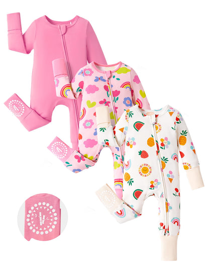 PATPAT Baby Footies Boys Girls - Bamboo Viscose - Zipper & Non-Slip Soles Romper Mitten - Footed & Footless Infant Clothes