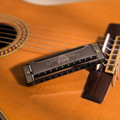 JDR Mundharmonika C, Blues-Mundharmonika in C, 10-Loch, 20 Töne mit Etui, Standard diatonisch für Anfänger, Erwachsene, Profis, Lehrer, Eltern, Schüler, Schwarz, Neujahrsgeschenk