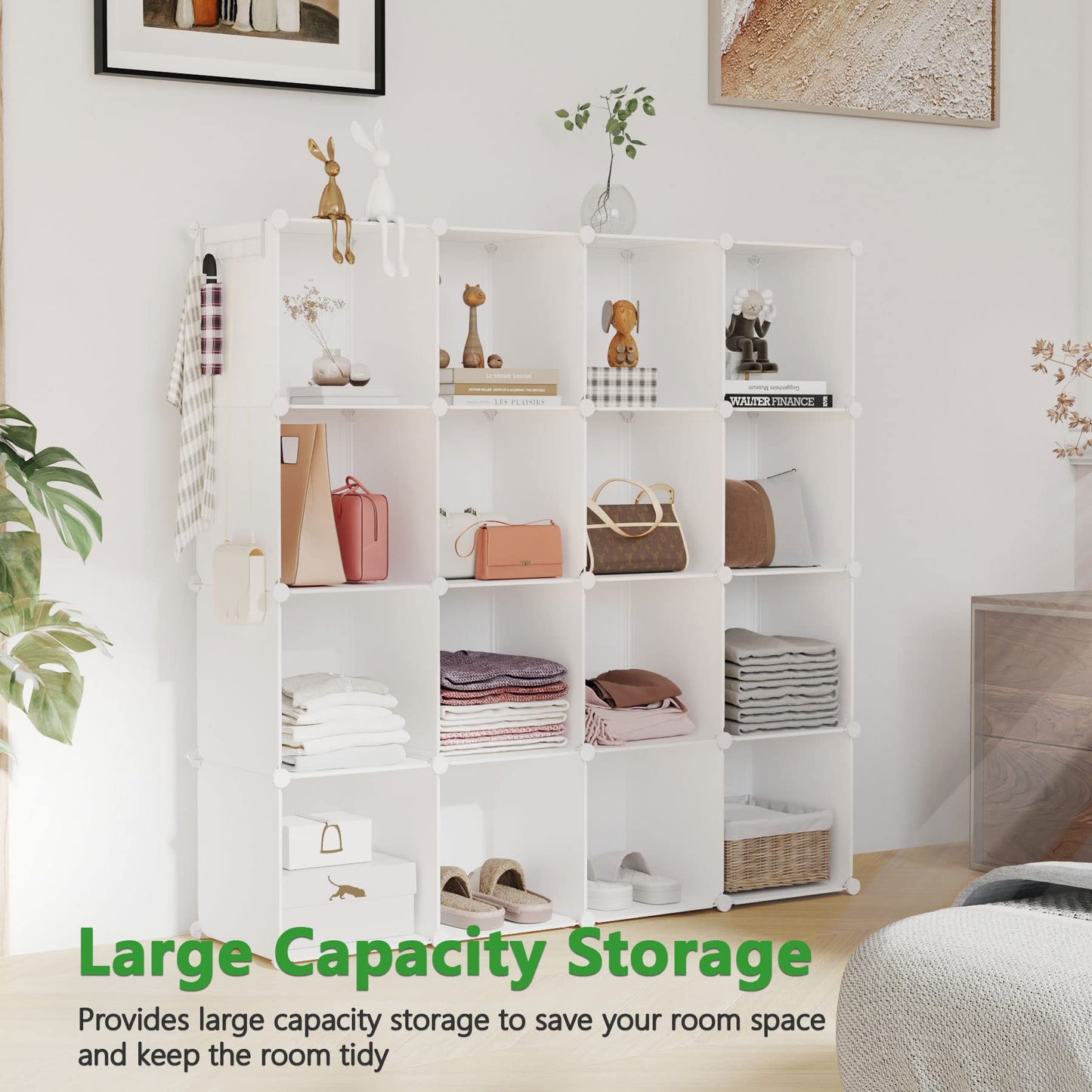 C&AHOME Cube Storage Organizer, 16-Cube Shelves Units, Plastic Storage Cubes, DIY Closet Organizer, Modular Closet Storage Shelves Ideal for Home, Bedroom, 48.4" L × 12.4" W × 48.4" H Black SUM3016H
