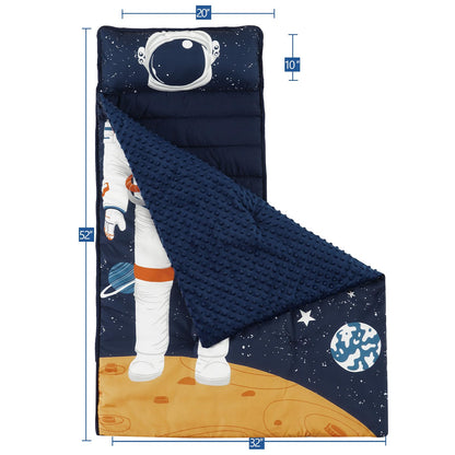 PHF Toddler Nap Mat with Removable Pillow and Minky Blanket, Rollup Design Kids Sleeping Mat, Slumber Bags for Boys, 55"x23" Toddler Sleeping Bag for Daycare Preschool Travel Camping, Space