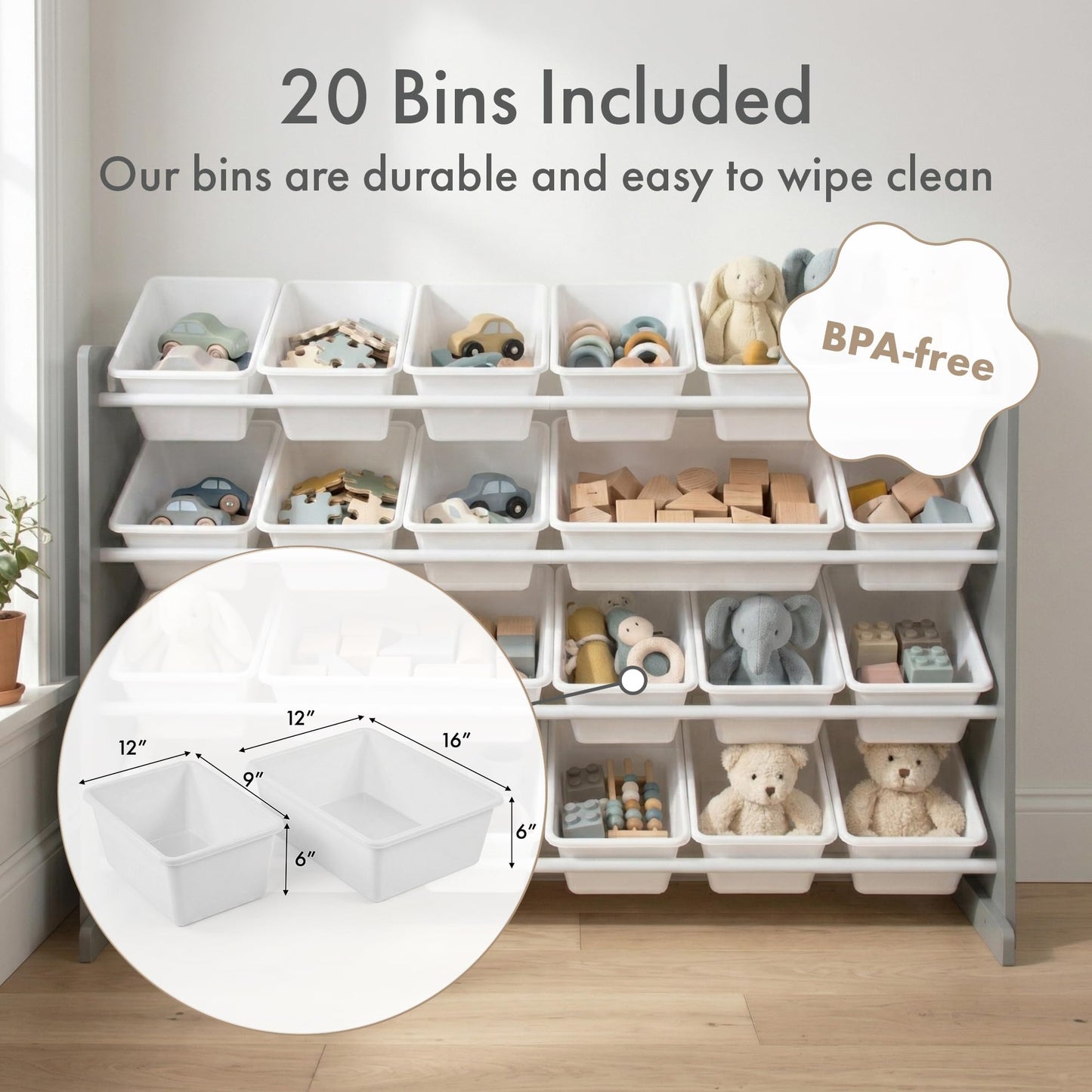 Humble Crew Toy Storage Organizer with 20 Removable Storage Bins for Kids Playroom, 4-Tier Toddler Toy Organization and Storage, Natural/White