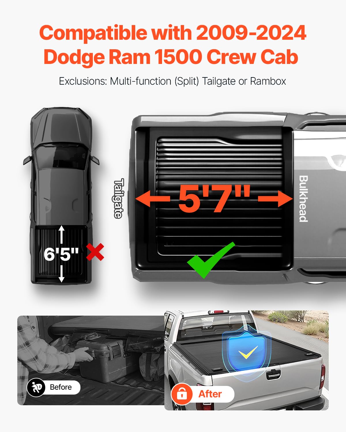 VEVOR Weiche aufrollbare Ladeflächenabdeckung, kompatibel mit 2019–2024 Dodge Ram 1500 Classic, 2003–2025 Ram 2500 3500, passend für 1,95 m (6 Fuß 4 Zoll/76 Zoll) Ladefläche, PVC-Abdeckung mit Aluminiumlegierungsstangen