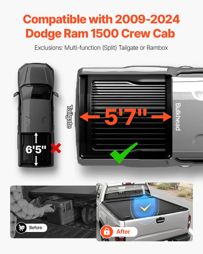 VEVOR Weiche aufrollbare Ladeflächenabdeckung, kompatibel mit 2019–2024 Dodge Ram 1500 Classic, 2003–2025 Ram 2500 3500, passend für 1,95 m (6 Fuß 4 Zoll/76 Zoll) Ladefläche, PVC-Abdeckung mit Aluminiumlegierungsstangen
