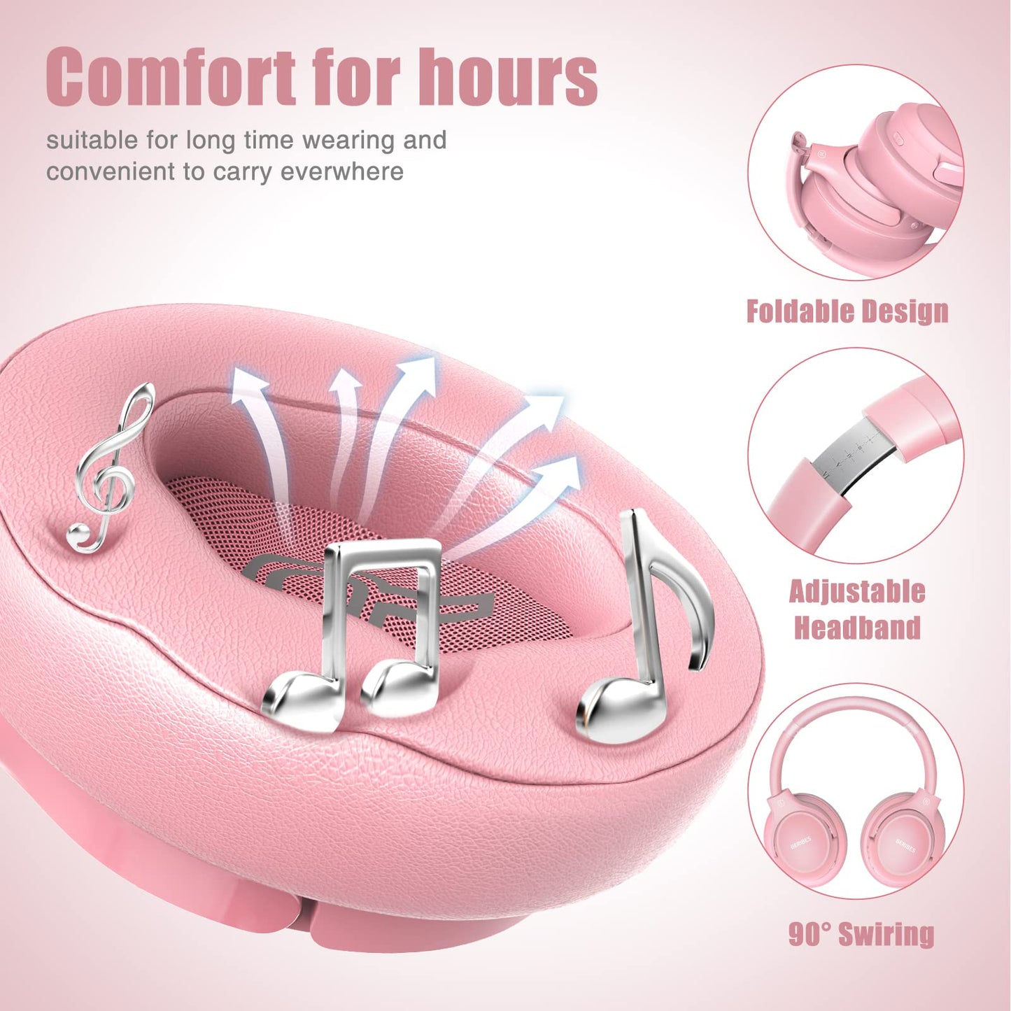 Auriculares Bluetooth BERIBES de diadema, 65H de reproducción y 6 modos de ecualización Auriculares inalámbricos con micrófono, auriculares plegables ligeros HiFi estéreo, graves profundos para oficina en casa, teléfono móvil, PC, etc.