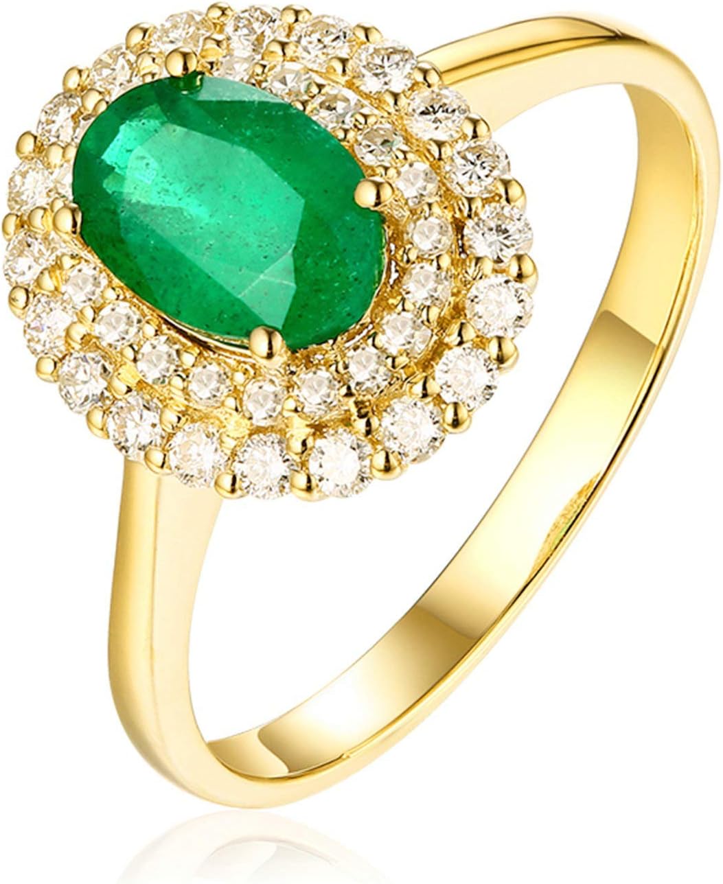 Aienid 18Ct Yellow Gold Diamond Engagement Rings Women 0.74Ct Cut Emerald Two Row Diamond Engagement Ring for Her