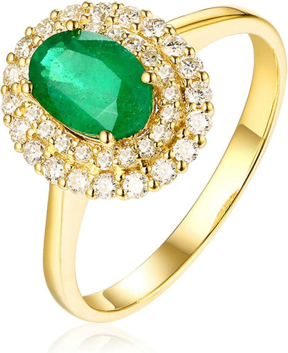 Aienid 18Ct Yellow Gold Diamond Engagement Rings Women 0.74Ct Cut Emerald Two Row Diamond Engagement Ring for Her