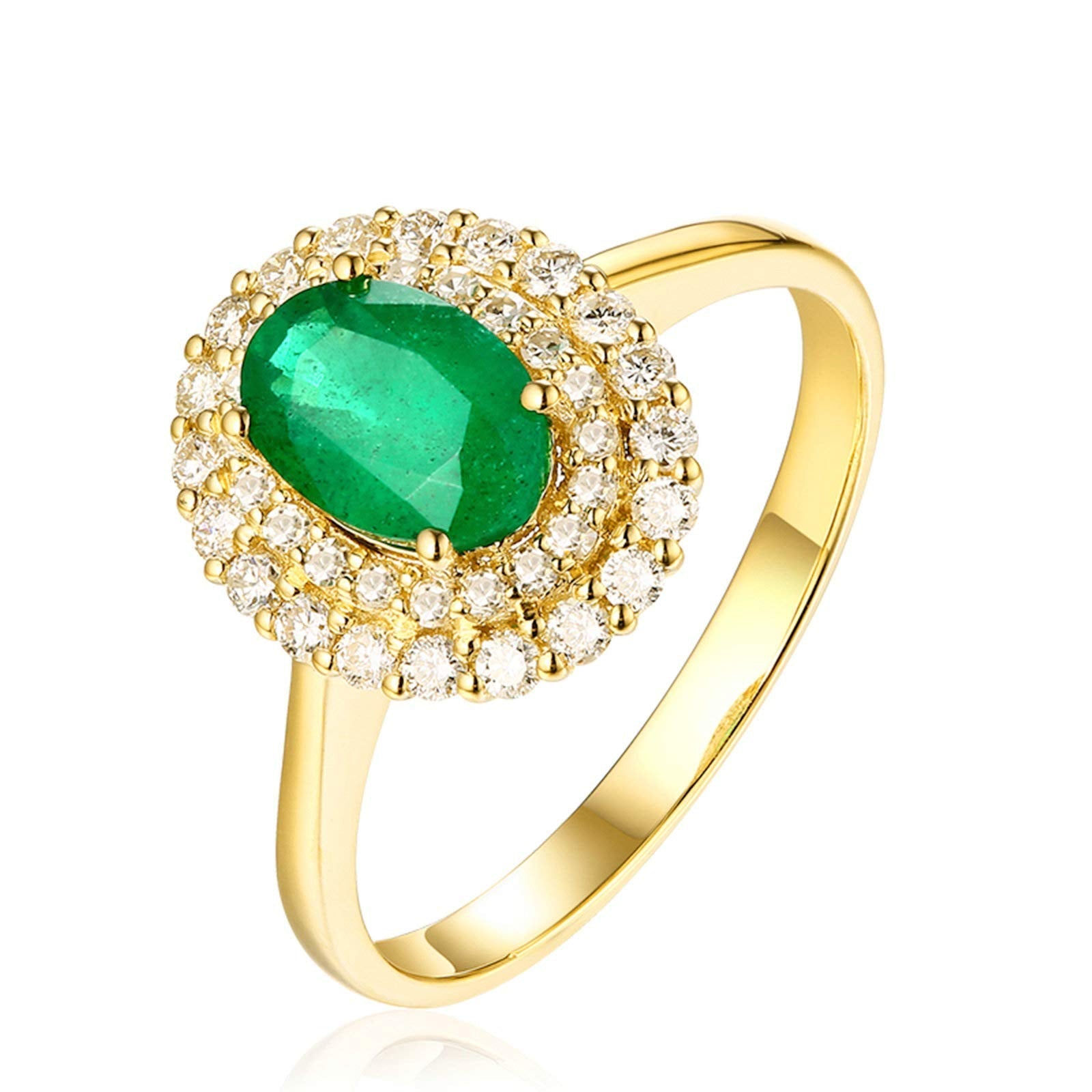 Aienid 18Ct Yellow Gold Diamond Engagement Rings Women 0.74Ct Cut Emerald Two Row Diamond Engagement Ring for Her