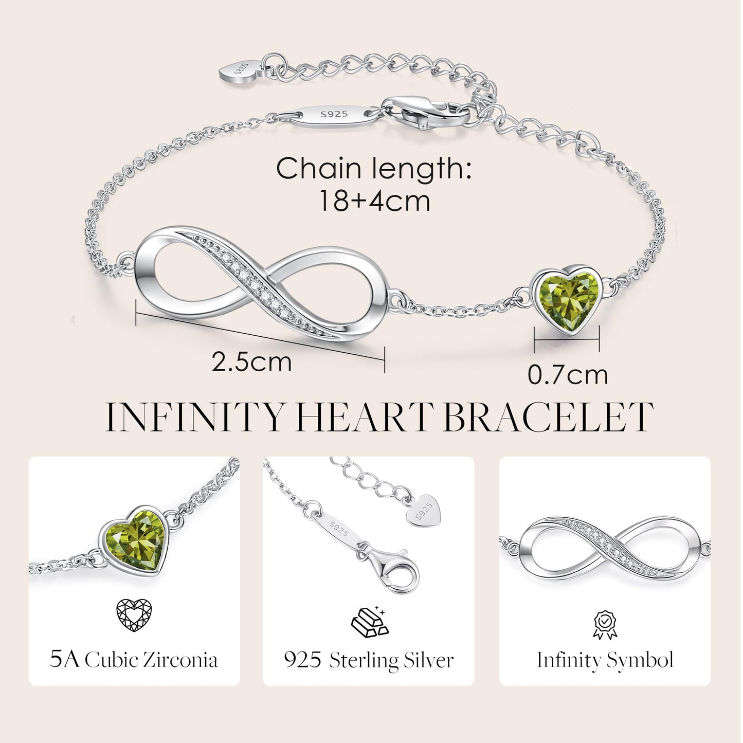 CDE Valentinstagsgeschenk Infinity Herz Geburtsstein Charm Gliederarmband für Damen 925 Sterling Silber Verstellbares Muttertags- Weihnachtsgeschenk Jubiläums- Geburtstags-Schmuck für Ehefrau Freundin Sie