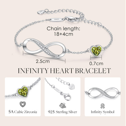 CDE Valentinstagsgeschenk Infinity Herz Geburtsstein Charm Gliederarmband für Damen 925 Sterling Silber Verstellbares Muttertags- Weihnachtsgeschenk Jubiläums- Geburtstags-Schmuck für Ehefrau Freundin Sie